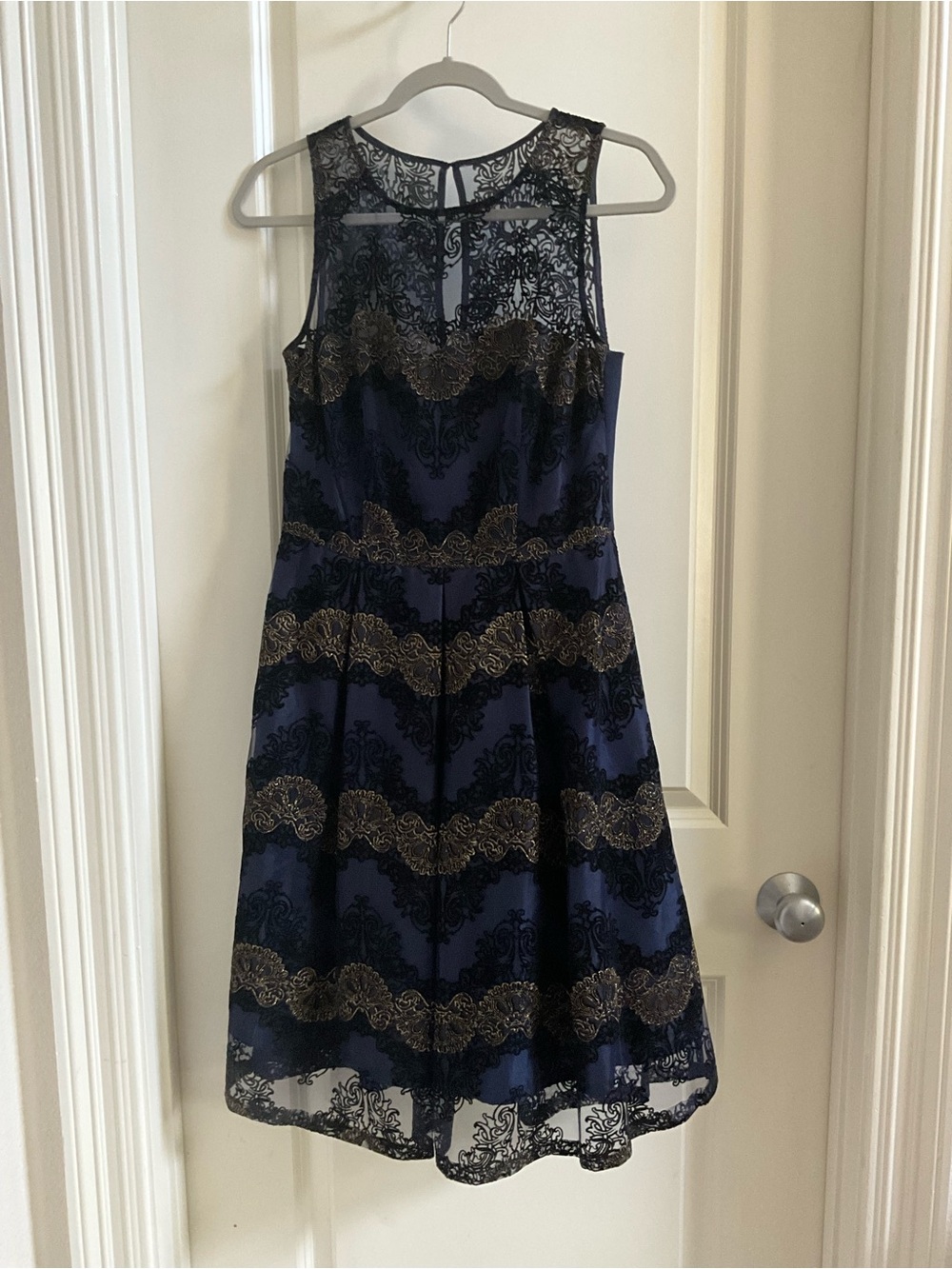 Sleeveless Navy Midi Dress with Black Lace & Gold Accents